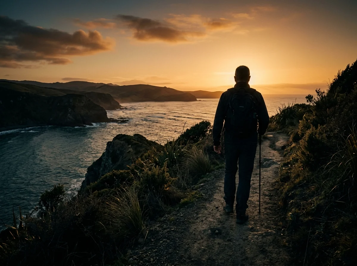 Anonymous man over 50 walking on scenic New Zealand coastal path for men's wellness